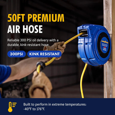 Professional Grade Retractable Air Hose Reel Featuring 3/8 Inch By 50 Foot Hybrid Polymer Tubing With 300 Psi Pressure Capacity And Kickass Swivel Joint For Daily Shop Duties mounted on wall with yellow hose being pulled.