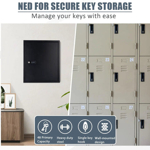 Straight Up Secure 48 Key Lock Box Wall Mount, Heavy Duty Steel Key Cabinet With Combo And Backup Key Lock mounted on wall.