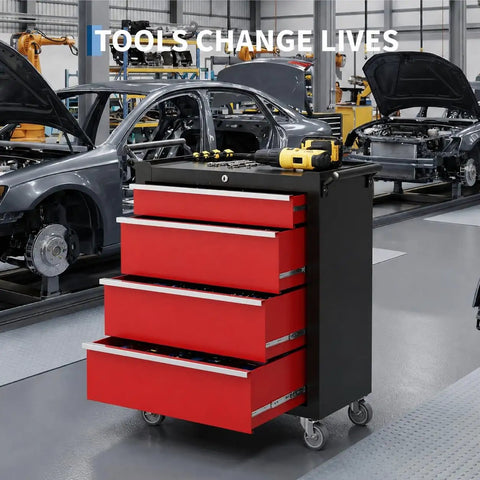 Badass Workhorse Rolling Tool Chest Heavy Duty Locking Casters Rock Solid Four Drawer Steel Organizer Pro Grade Portable Cabinet For Garage And Workshop Sleek Black Red Finish