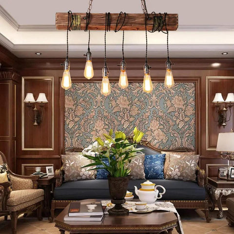 Rustic Farmhouse Chandelier For Dining Room Industrial Pendant Light With Six E26 Bulb Sockets in vintage living room.