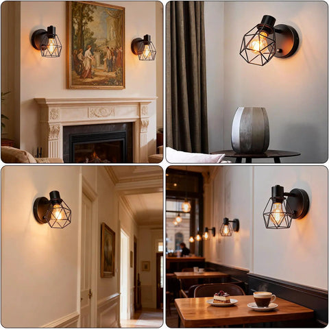 Black Industrial Wall Sconce With Dimmer And On Off Switch, Adjustable Cage Head Lighting For Living Room And Kitchen