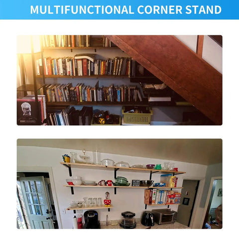 Bookshelf and kitchen shelves supported by heavy duty cast iron shelf brackets 3 inch L shape corner braces black steel.