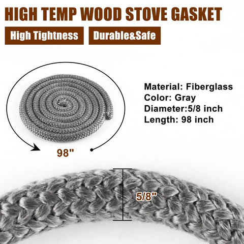 Wood stove gasket rope, fiberglass gray, 5/8 in diameter, 98 in long for stoves and fireplaces