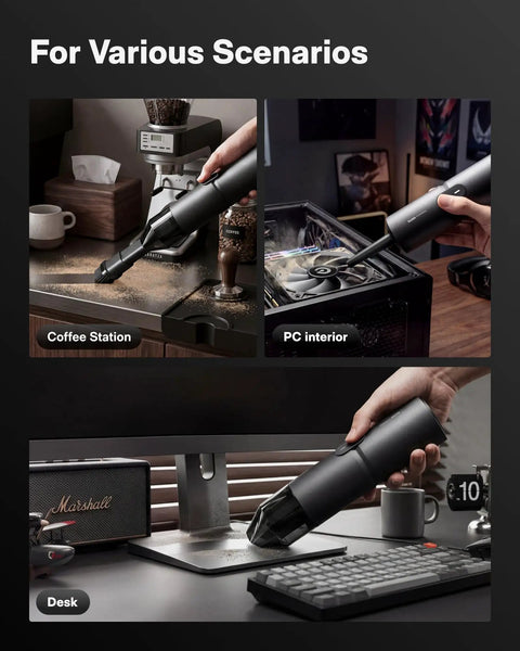 Cordless Handheld Vacuum Cleaner Four In One Air Duster And Desk Vacuum in use on coffee station, PC interior, and desktop.