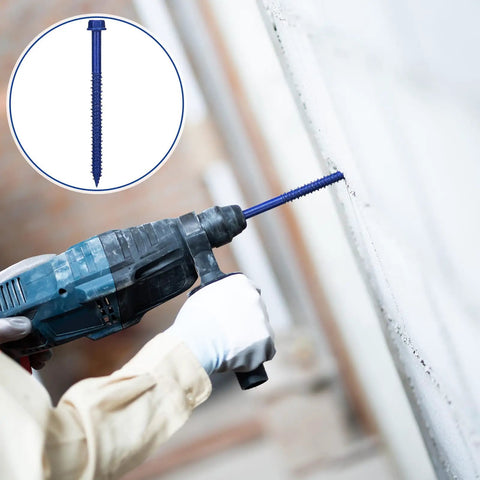 Worker using a drill with a 200 Piece Blue Hex Concrete Screw Anchors 1/4 X 3-1/4 Inch PTFE Carbon Steel bolt in masonry.