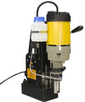 Heavy Duty Magnetic Drill Paired With Seven Piece 2 Inch HSS Annular Cutter Kit For Grit And Grind Metal Fabrication And Tough Job Site Demands Featuring Smooth Rack And Pinion Depth Control Rig with yellow and gray motor.
