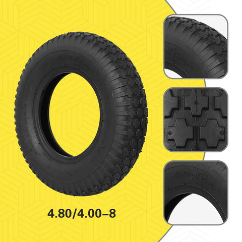 4.80/4.00-8 Tire And Inner Tube Replacement For Wheelbarrows Hand Trucks, close-up of tread pattern and sidewall details.