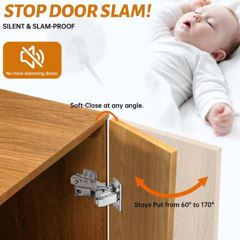 Four Pack 170 Degree Soft-Close Corner Cabinet Hinges For Frameless Cabinets with soft-close feature and cabinet illustration