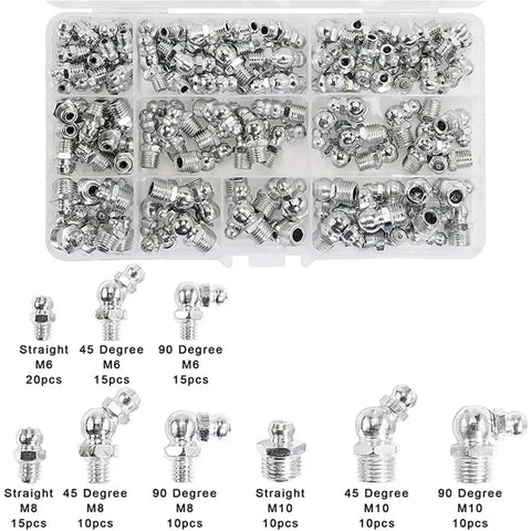 Beefed-Up Steel Grease Fittings Kit, 115-Piece Zerk Nipple Assortment with straight, 90-degree, and 45-degree angles, M6 M8 M10
