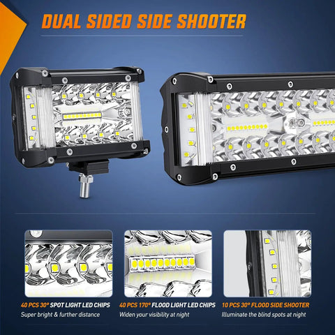 Side Shooter LED Light Bar Set 12 Inch Triple Row Spot Flood Combo Lights Two Pack with angled view and LED chips