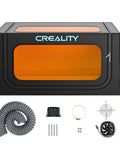 Creality laser engraver cover V2.0 protective enclosure with orange window; front view showing exhaust duct and fan kit.
