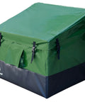 76 Gallon Waterproof Outdoor Deck Box With Tough Tarpaulin Cover for all weather storage in green, extra large size.