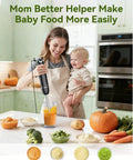Mother using Powerful 1000W Handheld Immersion Blender 5 In 1 Stick Mixer to prepare baby food in kitchen with various ingredients.