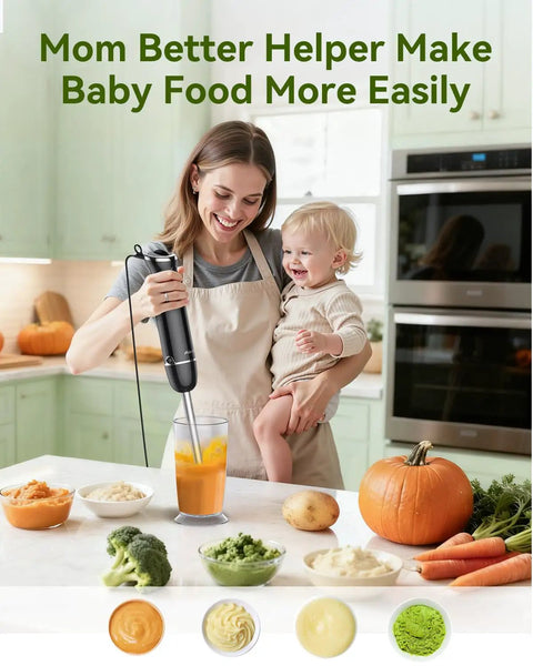 Mother using Powerful 1000W Handheld Immersion Blender 5 In 1 Stick Mixer to prepare baby food in kitchen with various ingredients.