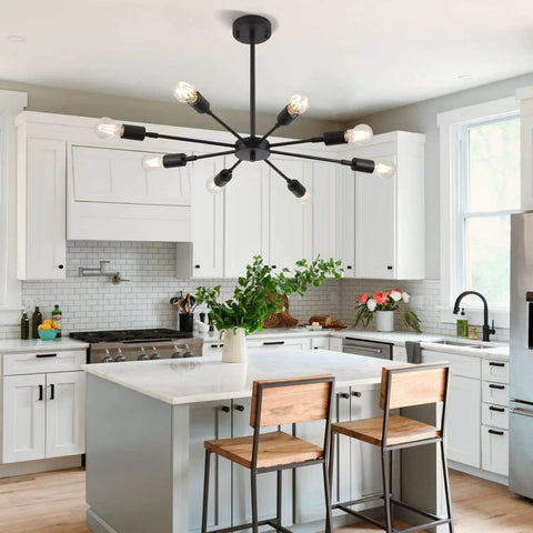 Modern kitchen with Dope Modern Sputnik 8-Light Industrial Matte Black Chandelier With 180 Degree Rotatable Lamp Cups