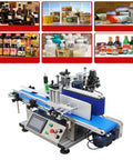 Smooth Operator High Speed Automatic Round Bottle Labeling Machine Desktop Conveyor Label Applicator For Wine Cans Cosmetics 110V With Fast Coding Installation, featuring stainless steel and blue conveyor.