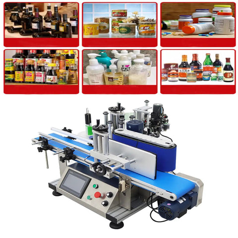 Smooth Operator High Speed Automatic Round Bottle Labeling Machine Desktop Conveyor Label Applicator For Wine Cans Cosmetics 110V With Fast Coding Installation, featuring stainless steel and blue conveyor.