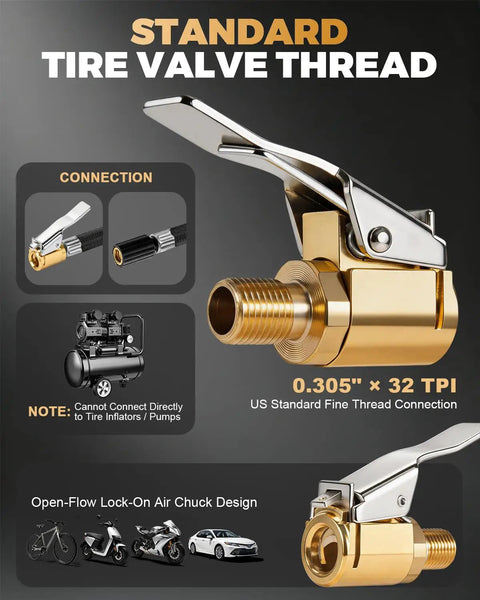 3 Pack Brass Tire Air Chuck With 8mm Threaded Male Lever Lock Inflator Hose Adapter Clip On Connector for Air Compressor