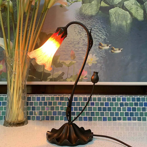 Lily Flower Blown Glass Table Lamp, Orange, 1 Light, Accent Lighting for Living Room and Bedroom, warm glow on counter