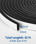 High Density Self Adhesive Foam Tape Weather Stripping One Half By One Quarter Inch X Forty Two Feet Two Rolls, showing dimensions and smooth surface.
