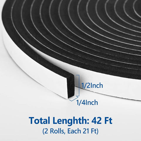 High Density Self Adhesive Foam Tape Weather Stripping One Half By One Quarter Inch X Forty Two Feet Two Rolls, showing dimensions and smooth surface.