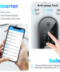 Smart Front Door Lock Set With Fingerprint Keyless Entry, showing anti-peep tech and app control on smartphone screen.