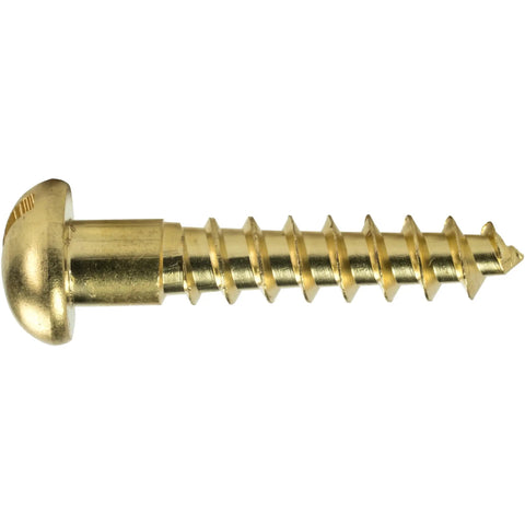 Top Shelf Heavy Duty Solid Brass Wood Screws Featuring Round Head Slotted Drive And Partially Threaded Design, 1 inch length.