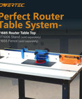 Built Tough 24 By 32 Inch Router Table Top And Heavy Duty Workstand With Adjustable Leveling Feet Precision Mounting Plate And Insert Rings For Pro Woodworking Jobs, showcasing a router table setup.
