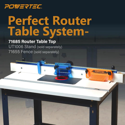 Built Tough 24 By 32 Inch Router Table Top And Heavy Duty Workstand With Adjustable Leveling Feet Precision Mounting Plate And Insert Rings For Pro Woodworking Jobs, showcasing a router table setup.