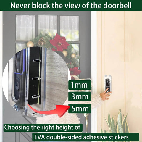 Anti Theft Video Doorbell Mount In Transparent Acrylic Lock Box installed on a door, showing height stickers for 1mm, 3mm, 5mm.
