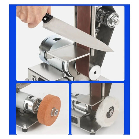 Compact Mini Electric Belt Sander And Grinder Machine For Desktop Use Perfect For Polishing Wood And Metal Projects With Versatile Grinding Modes In A Sleek Stainless Steel Design. User sharpening knife on sander.