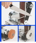 Mini Electric Belt Grinder And Polisher Tool With 775 Motor For Metal Wood Sanding Polishing Compact Desktop Benchtop Station close-up of knife sharpening process