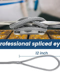 Close-up of Marine Grade Dock Line Set Half Inch By Fifteen Foot Double Braided Nylon Boat Rope Gray Four Pack with spliced eye