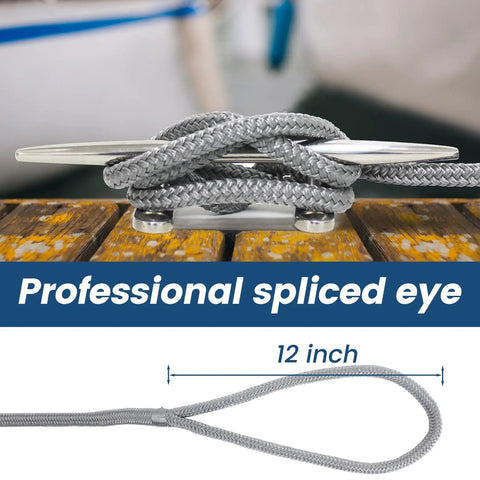 Close-up of Marine Grade Dock Line Set Half Inch By Fifteen Foot Double Braided Nylon Boat Rope Gray Four Pack with spliced eye