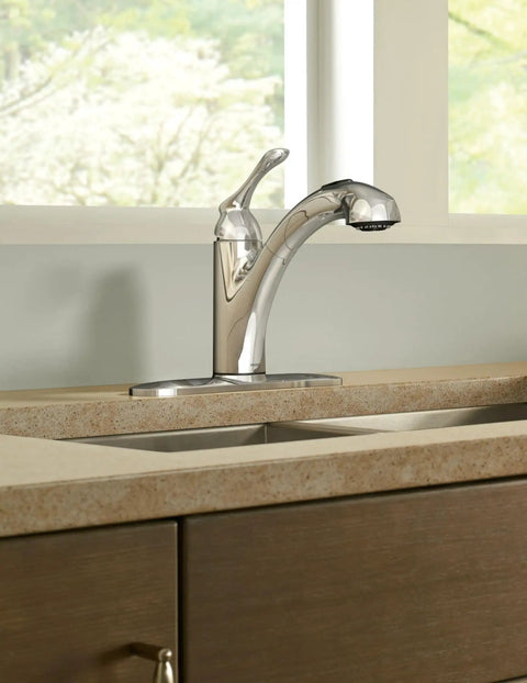 One-Handle Pullout Kitchen Faucet In Chrome With Dual Spray Wand Aerated Stream For Everyday Cleaning And Powerful Rinse