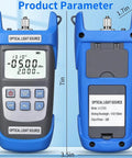 Front and back view of Pro Grade Rechargeable Fiber Optic Light Source And Power Meter For Single Mode Testing With Dual Wavelength 1310 Nm And 1550 Nm, Stable Minus Five dBm Output, Modulation 270 1000 2000 Hz, Works With SC FC ST LC Interfaces, Includes One FCLC Adapter