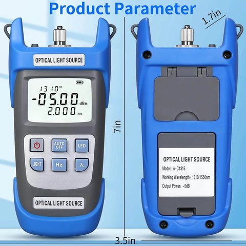 Front and back view of Pro Grade Rechargeable Fiber Optic Light Source And Power Meter For Single Mode Testing With Dual Wavelength 1310 Nm And 1550 Nm, Stable Minus Five dBm Output, Modulation 270 1000 2000 Hz, Works With SC FC ST LC Interfaces, Includes One FCLC Adapter