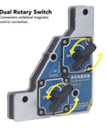 Heavy Duty Welding Magnet Holder with Dual Switch Design for precise 90 degree angle support, showing rotary switches and labels.