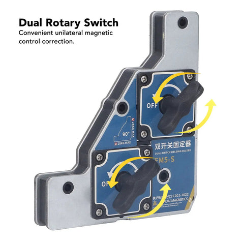 Heavy Duty Welding Magnet Holder with Dual Switch Design for precise 90 degree angle support, showing rotary switches and labels.