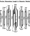 Heavy Duty Center Drill Bit Set 7 Piece M2 High Speed Steel Countersink Bits With 60 Degree Point For Metal Lathe Wood And Metalworking Includes Sizes 1.0 1.5 2.0 2.5 3.0 4.0 5.0 For Precise Holes shown in various sizes with dimensions labeled, focusing on precise hole centering and countersinking.