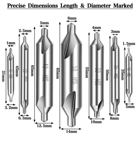 Heavy Duty Center Drill Bit Set 7 Piece M2 High Speed Steel Countersink Bits With 60 Degree Point For Metal Lathe Wood And Metalworking Includes Sizes 1.0 1.5 2.0 2.5 3.0 4.0 5.0 For Precise Holes shown in various sizes with dimensions labeled, focusing on precise hole centering and countersinking.