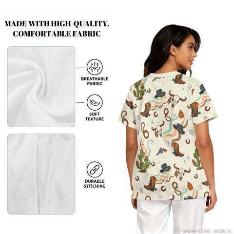 Women Western Cowboy Print Scrubs Set With Deep Multi Pocket Elastic Waist Healthcare Uniforms For Nurses And Dental Assistants Designed For Go Getter Days And Ride Or Die Comfort, showcasing soft fabric and design details.