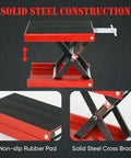 Motorcycle Lift 1100 Lb Capacity Wide Deck Center Scissor Lift Jack Hoist Stand For Street Bikes Cruisers Touring Motorcycles And ATVs With Heavy Duty Rubber Mat For Extra Stability In Garage Shop, showing red steel construction and non-slip pad.