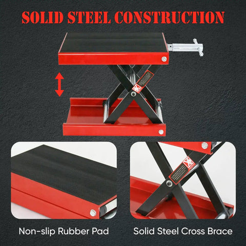 Motorcycle Lift 1100 Lb Capacity Wide Deck Center Scissor Lift Jack Hoist Stand For Street Bikes Cruisers Touring Motorcycles And ATVs With Heavy Duty Rubber Mat For Extra Stability In Garage Shop, showing red steel construction and non-slip pad.