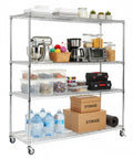 Heavy Duty Five Tier Metal Shelving Unit With Wheels For Easy Mobility And High Capacity Industrial Wire Racks Each Shelf 250kg Garage Warehouse Organizer Durable Steel Storage Shelf For Commercial Space filled with various items