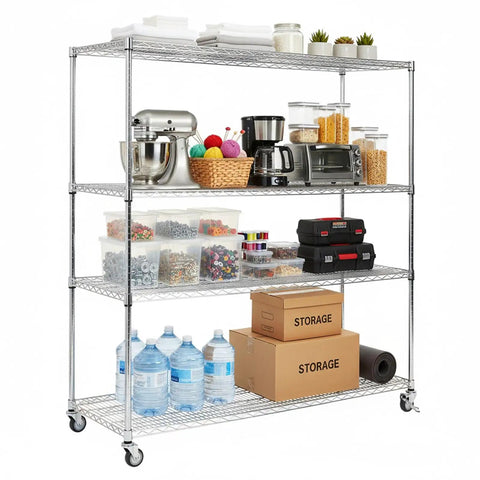 Heavy Duty Five Tier Metal Shelving Unit With Wheels For Easy Mobility And High Capacity Industrial Wire Racks Each Shelf 250kg Garage Warehouse Organizer Durable Steel Storage Shelf For Commercial Space filled with various items