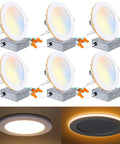 Image of six-pack LED recessed ceiling lights with night light feature and J boxes, illustrating adjustable CRI90, 2700K-5000K, 1200 lumens.