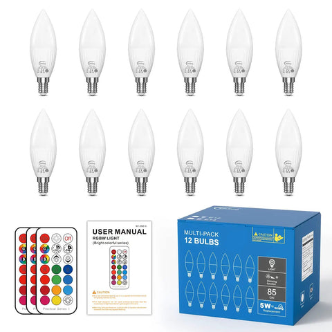 Color Changing LED Candelabra Bulb With Remote, 12 Color Modes And Cool White 5000K, 560 Lumen, 5W E12 Small Base, 12 Pack box and bulbs