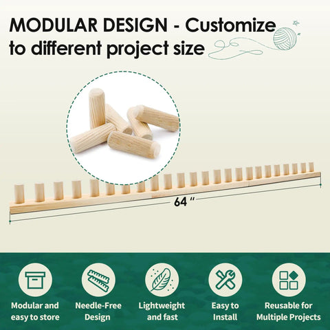 Modular 64 inch chunky blanket loom for DIY throw blankets, natural wood, adjustable hand weaving frame, beginner-friendly design.