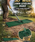 Lawn Leveling Rake 30 By 10 Inch with heavy duty stainless steel handle used on yard for leveling soil and top dressing